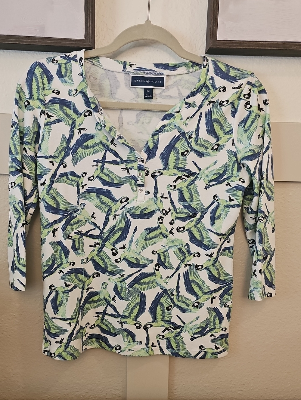 Karen Scott White Henley Top with Blue & Green Parrot Print